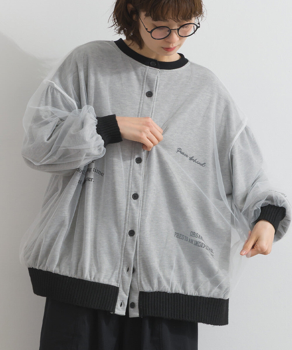 【iriey】薄紗拼接 半拉鍊印花 寬鬆套頭衫 Japan E-Shop