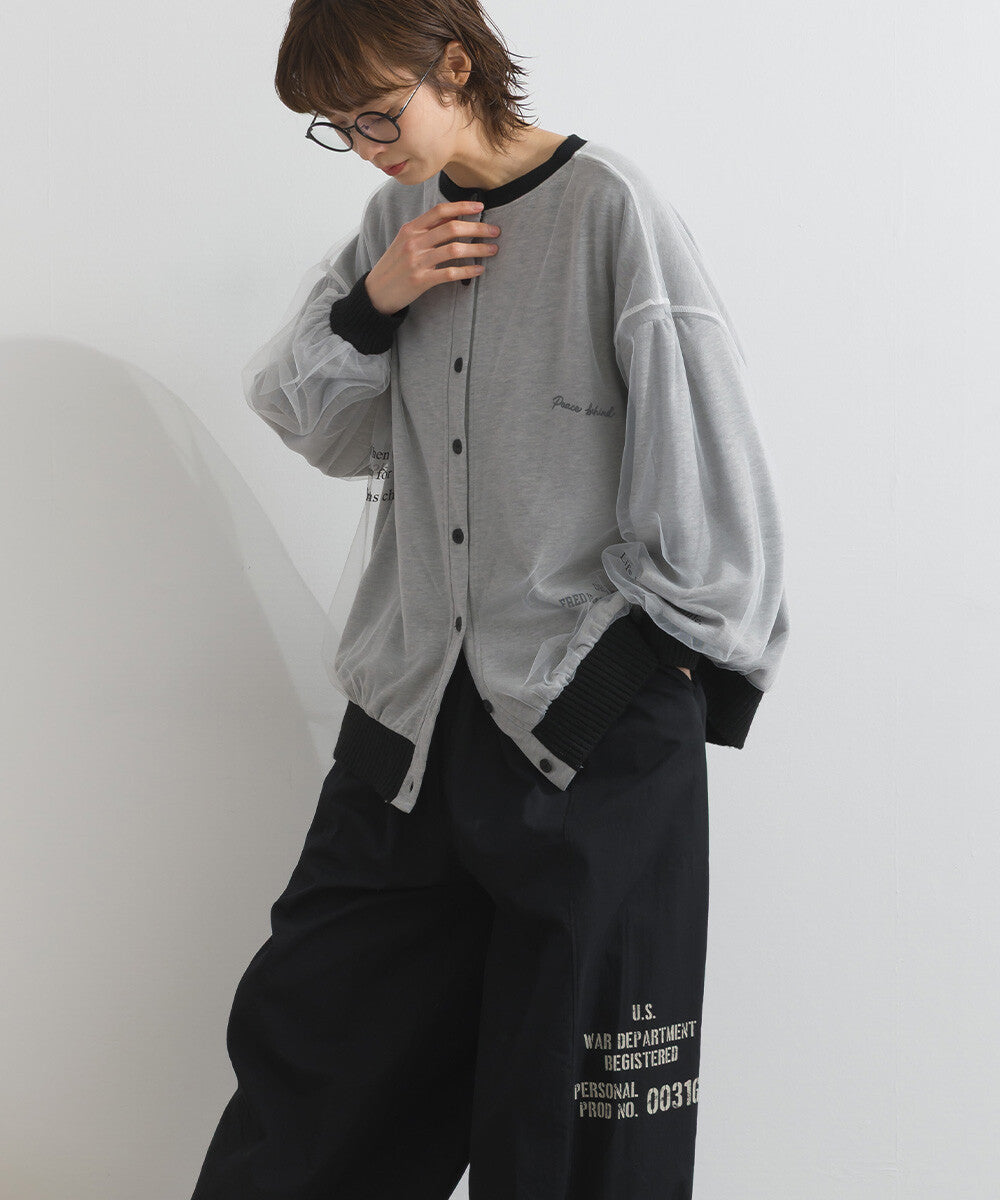 【iriey】薄紗拼接 半拉鍊印花 寬鬆套頭衫 Japan E-Shop