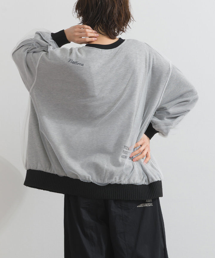 【iriey】薄紗拼接 半拉鍊印花 寬鬆套頭衫 Japan E-Shop