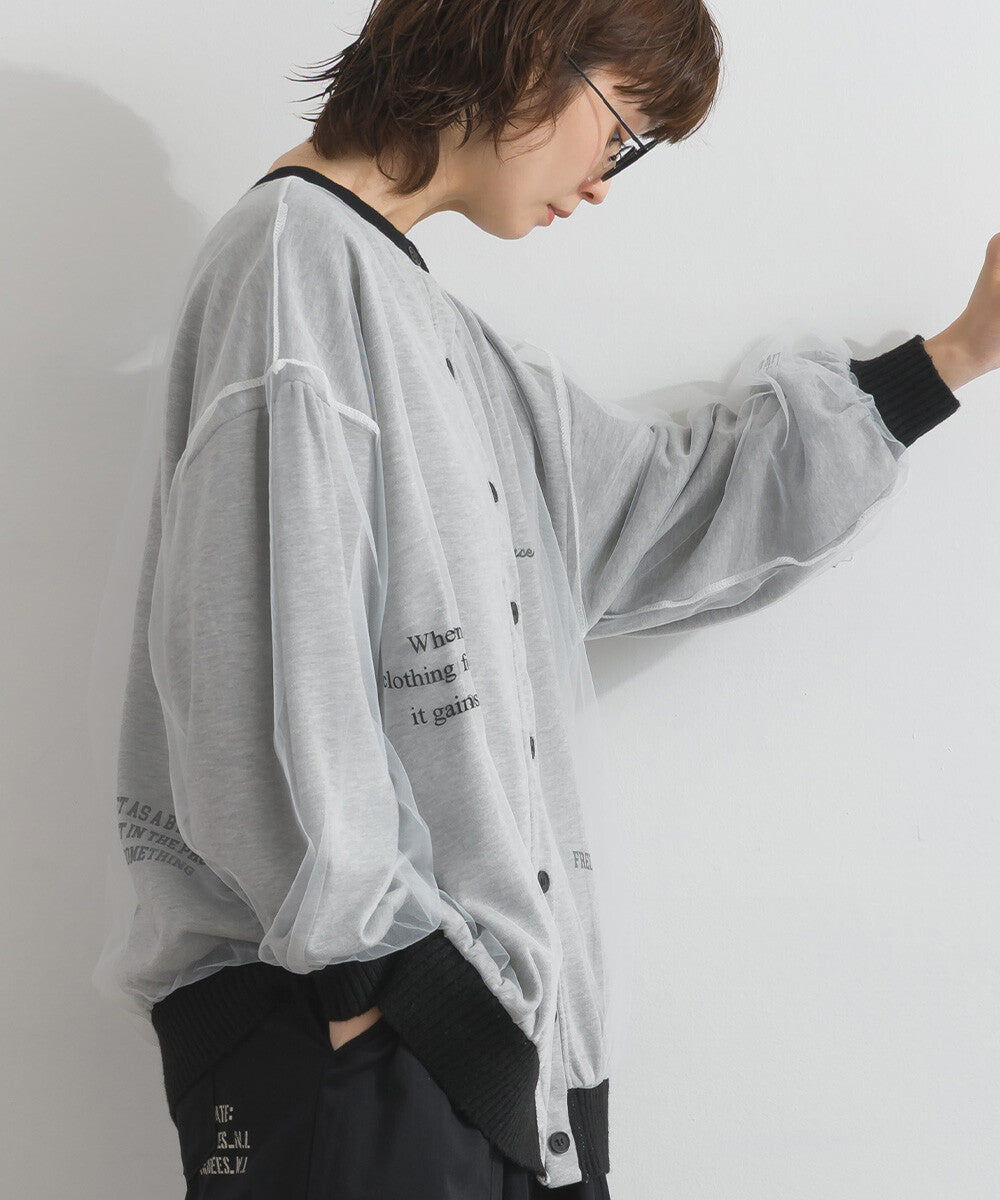 【iriey】薄紗拼接 半拉鍊印花 寬鬆套頭衫 Japan E-Shop