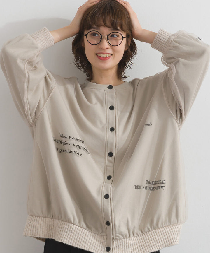 【iriey】薄紗拼接 半拉鍊印花 寬鬆套頭衫 Japan E-Shop
