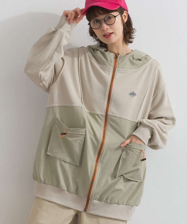 【iriey】撞色刺繡 厚刷毛×尼龍拼接 拉鍊連帽外套 Japan E-Shop