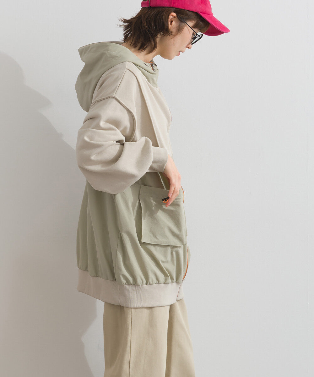 【iriey】撞色刺繡 厚刷毛×尼龍拼接 拉鍊連帽外套 Japan E-Shop