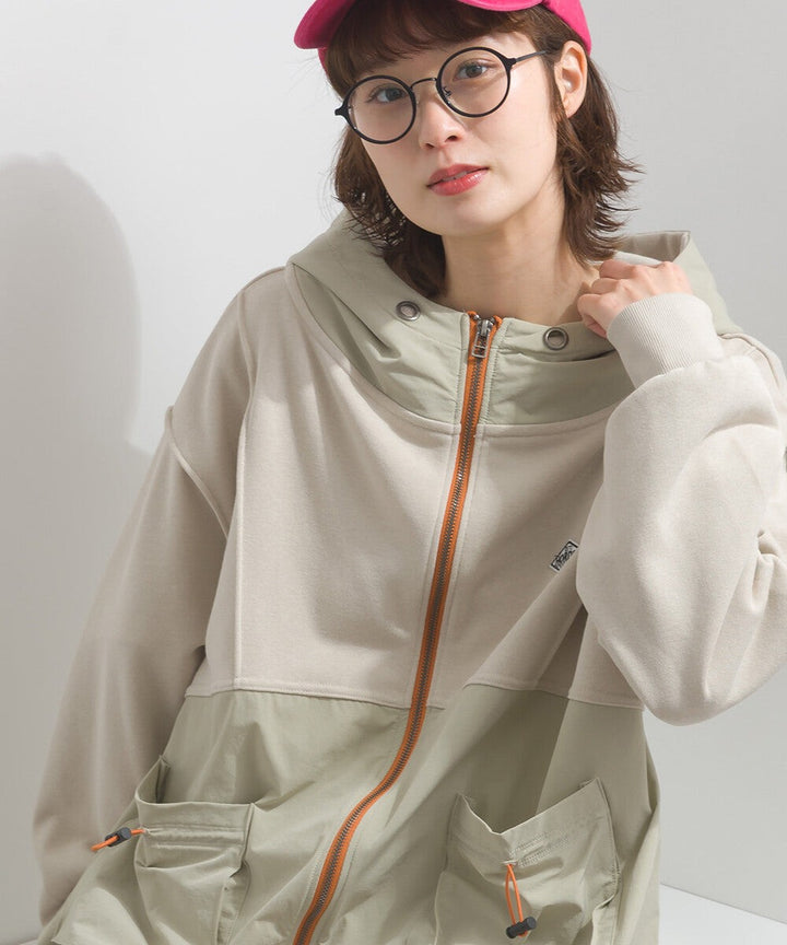 【iriey】撞色刺繡 厚刷毛×尼龍拼接 拉鍊連帽外套 Japan E-Shop