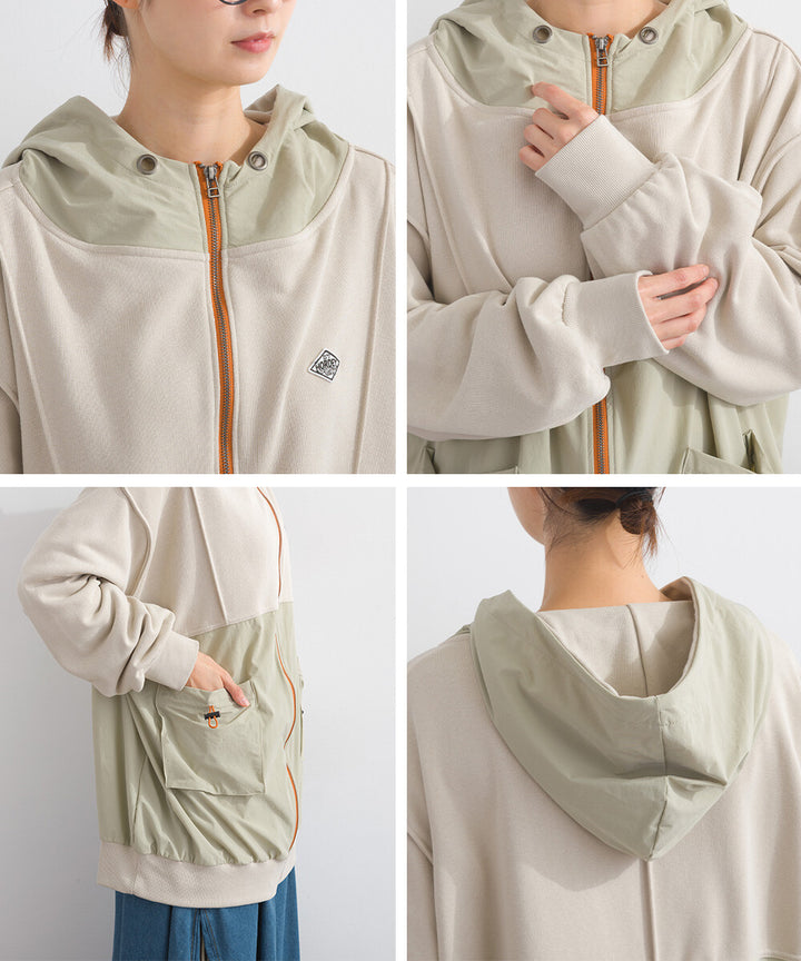 【iriey】撞色刺繡 厚刷毛×尼龍拼接 拉鍊連帽外套 Japan E-Shop