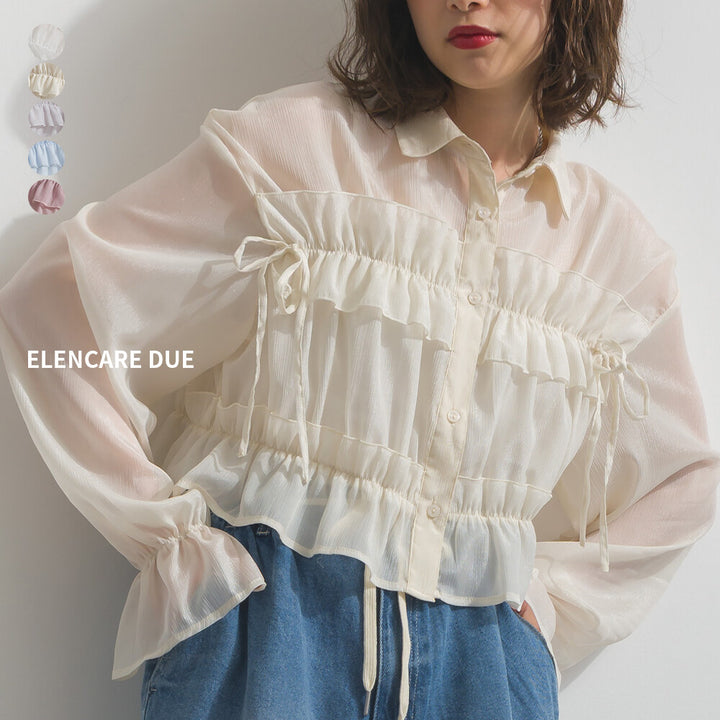 ELENCARE DUE 微閃透膚楊柳紗前綁帶短版荷葉邊襯衫罩衫 F Size Japan E-Shop