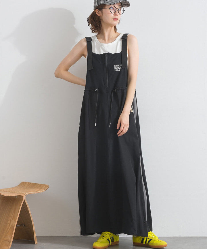 【iriey】撞色側線條 絲光斜紋 長版吊帶連身裙 Japan E-Shop