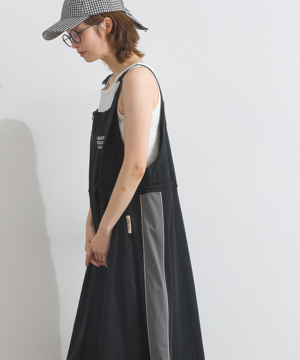 【iriey】撞色側線條 絲光斜紋 長版吊帶連身裙 Japan E-Shop