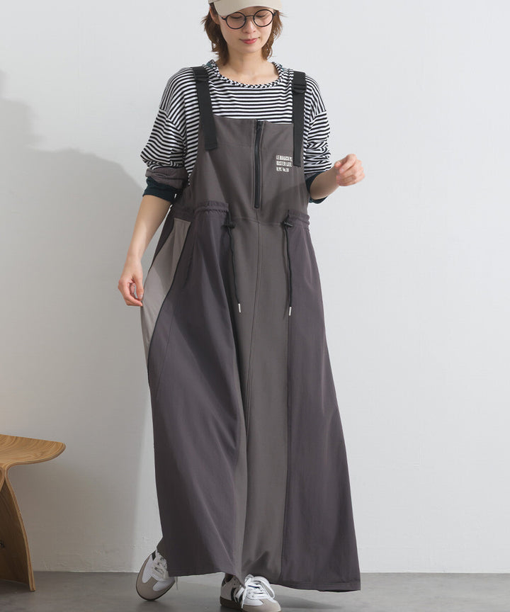 【iriey】撞色側線條 絲光斜紋 長版吊帶連身裙 Japan E-Shop