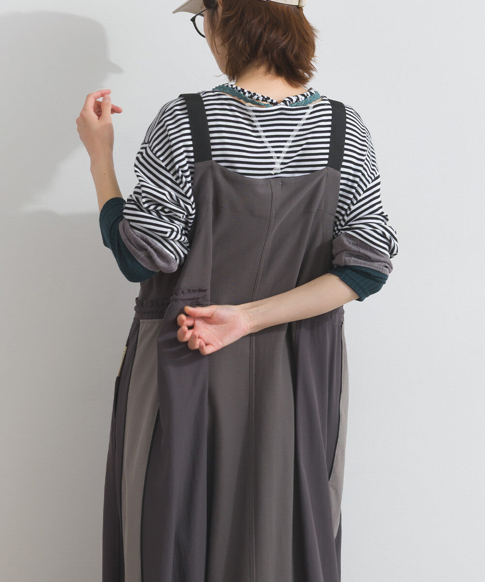 【iriey】撞色側線條 絲光斜紋 長版吊帶連身裙 Japan E-Shop