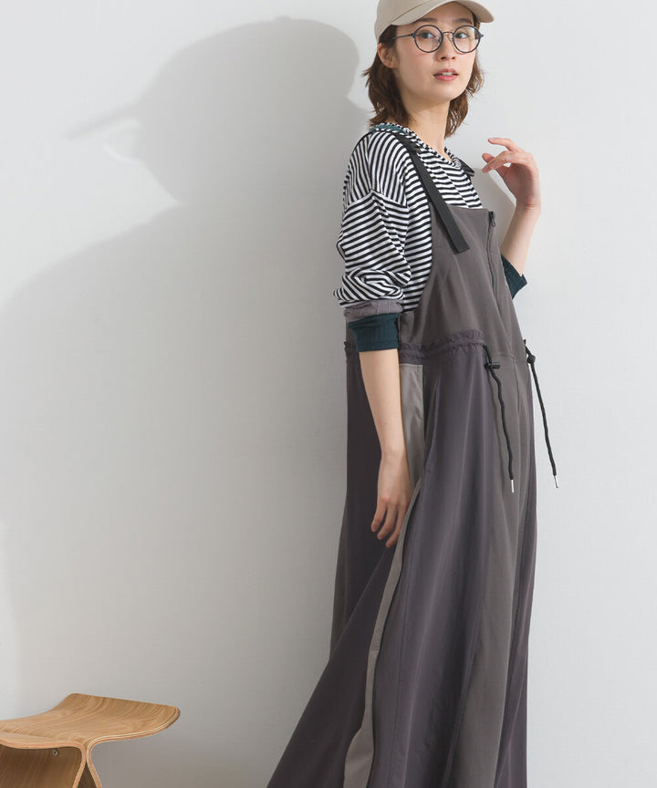【iriey】撞色側線條 絲光斜紋 長版吊帶連身裙 Japan E-Shop