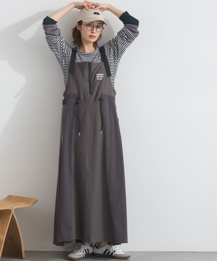 【iriey】撞色側線條 絲光斜紋 長版吊帶連身裙 Japan E-Shop