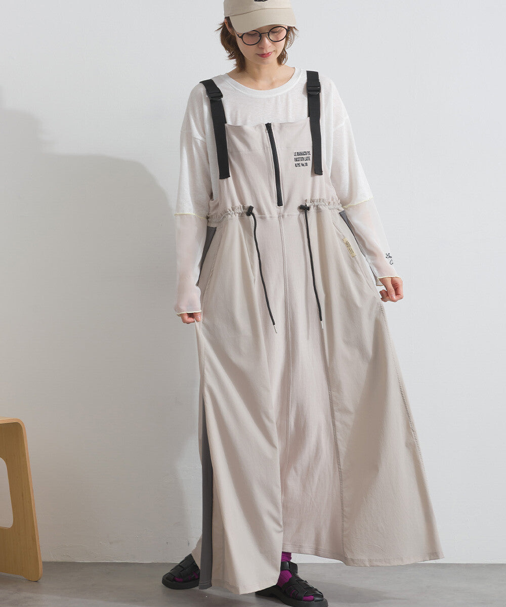 【iriey】撞色側線條 絲光斜紋 長版吊帶連身裙 Japan E-Shop