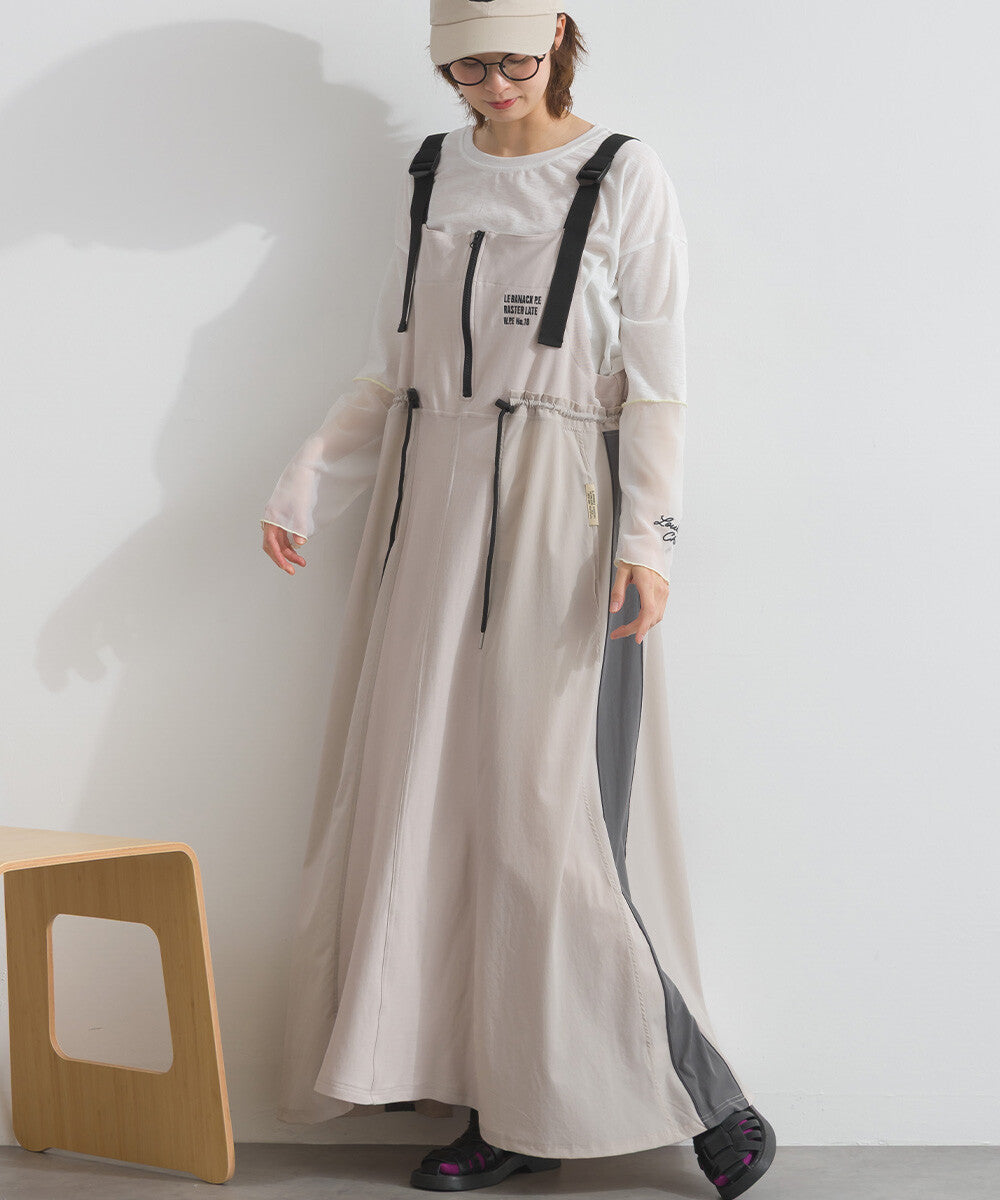 【iriey】撞色側線條 絲光斜紋 長版吊帶連身裙 Japan E-Shop