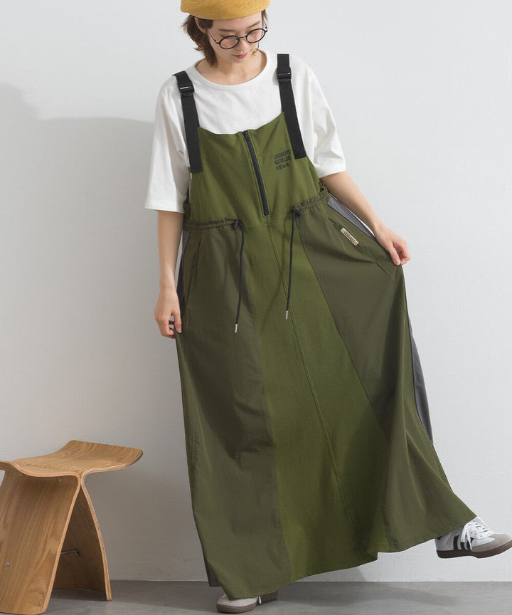【iriey】撞色側線條 絲光斜紋 長版吊帶連身裙 Japan E-Shop