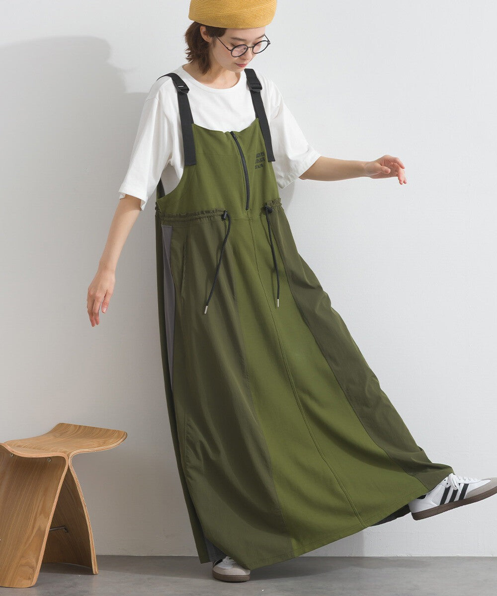 【iriey】撞色側線條 絲光斜紋 長版吊帶連身裙 Japan E-Shop