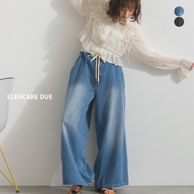 【ELENCARE DUE】10oz 率性水洗抽繩鬆緊寬版牛仔褲 藍色 / 黑色 Japan E-Shop