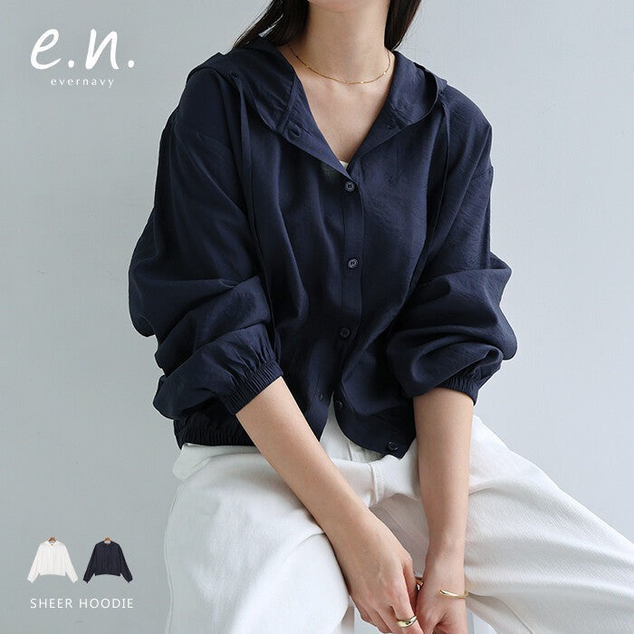 【evernavy】輕薄透膚連帽短版長袖襯衫 Japan E-Shop