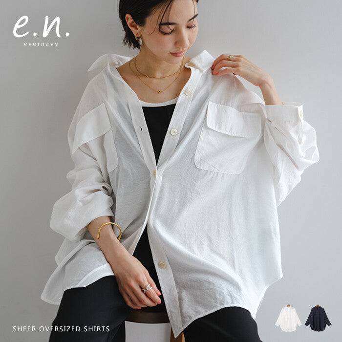 【evernavy】雙口袋寬鬆透膚長袖襯衫 Japan E-Shop