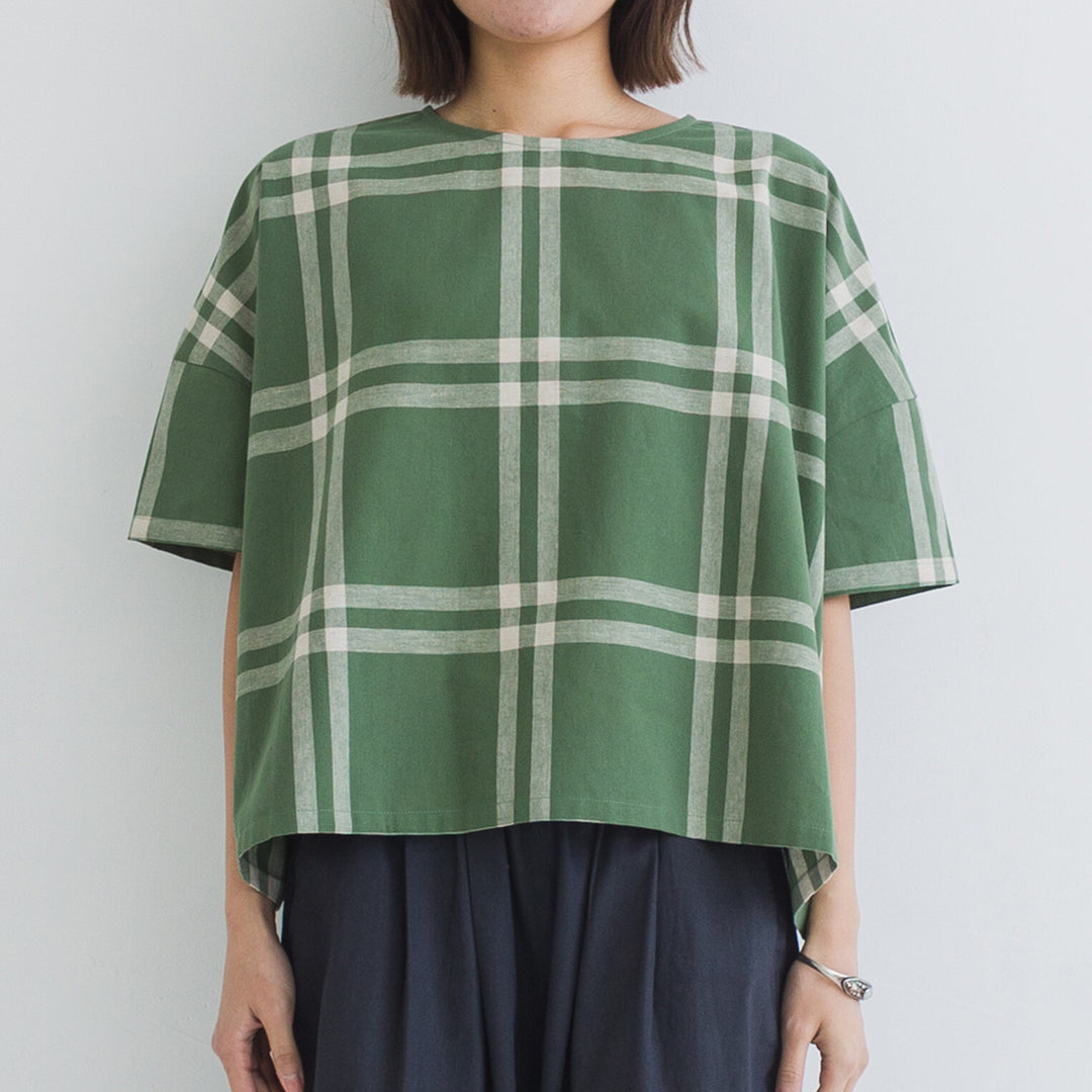 【kermu】棉麻格紋盒型寬版上衣 Japan E-Shop