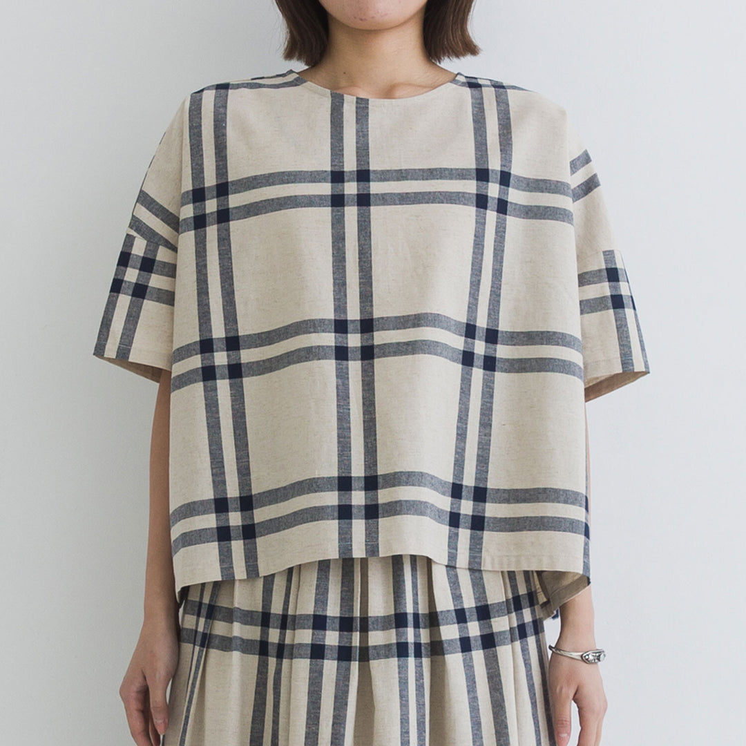 【kermu】棉麻格紋盒型寬版上衣 Japan E-Shop