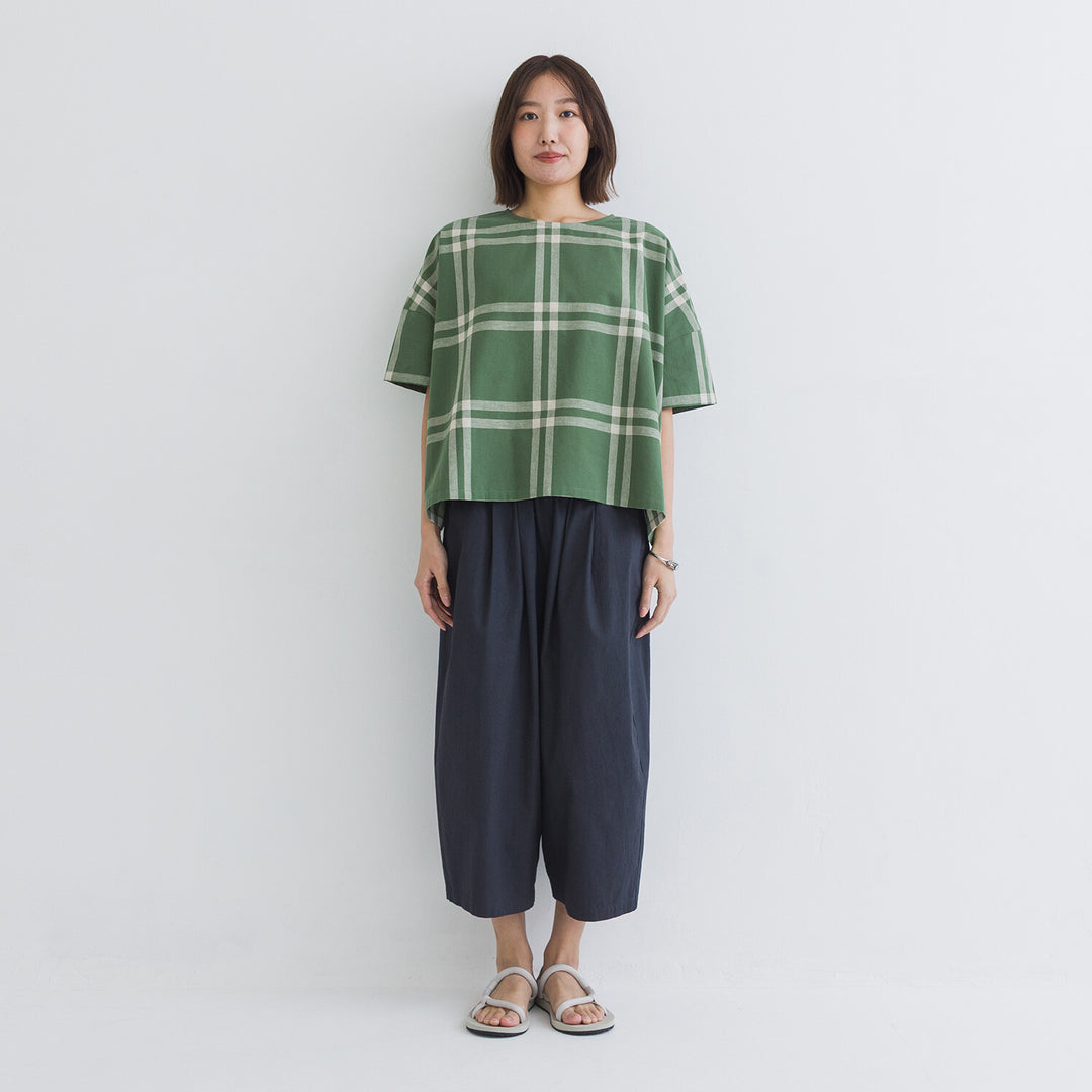 【kermu】棉麻格紋盒型寬版上衣 Japan E-Shop