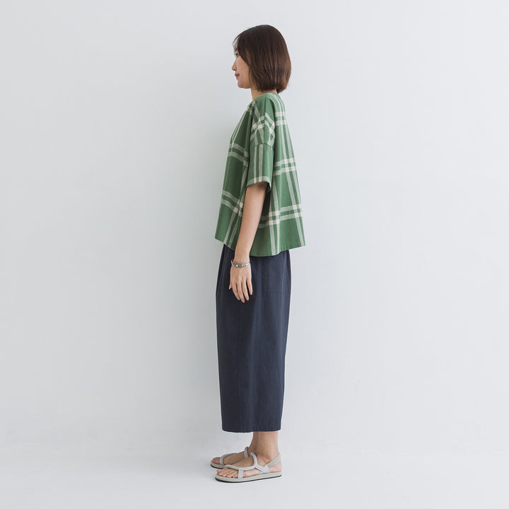 【kermu】棉麻格紋盒型寬版上衣 Japan E-Shop