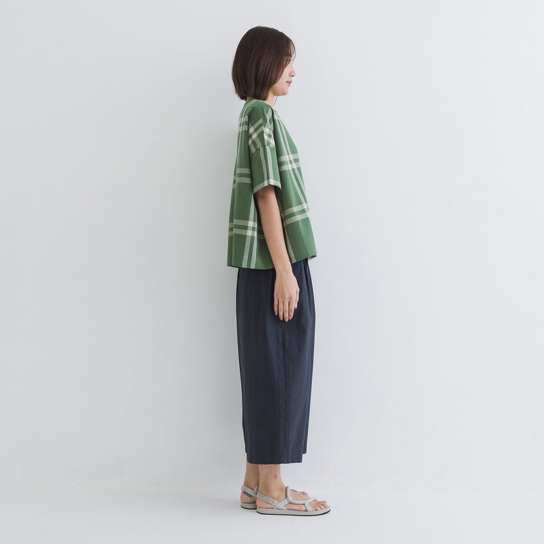 【kermu】棉麻格紋盒型寬版上衣 Japan E-Shop