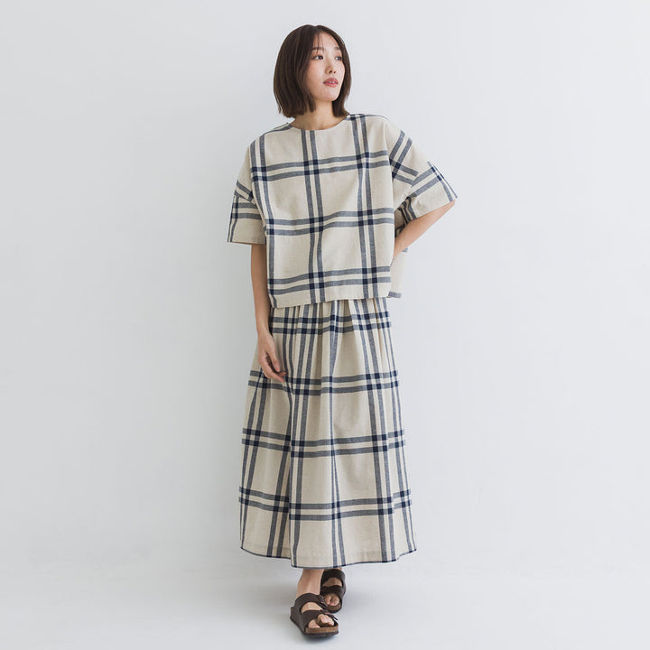 【kermu】棉麻格紋盒型寬版上衣 Japan E-Shop