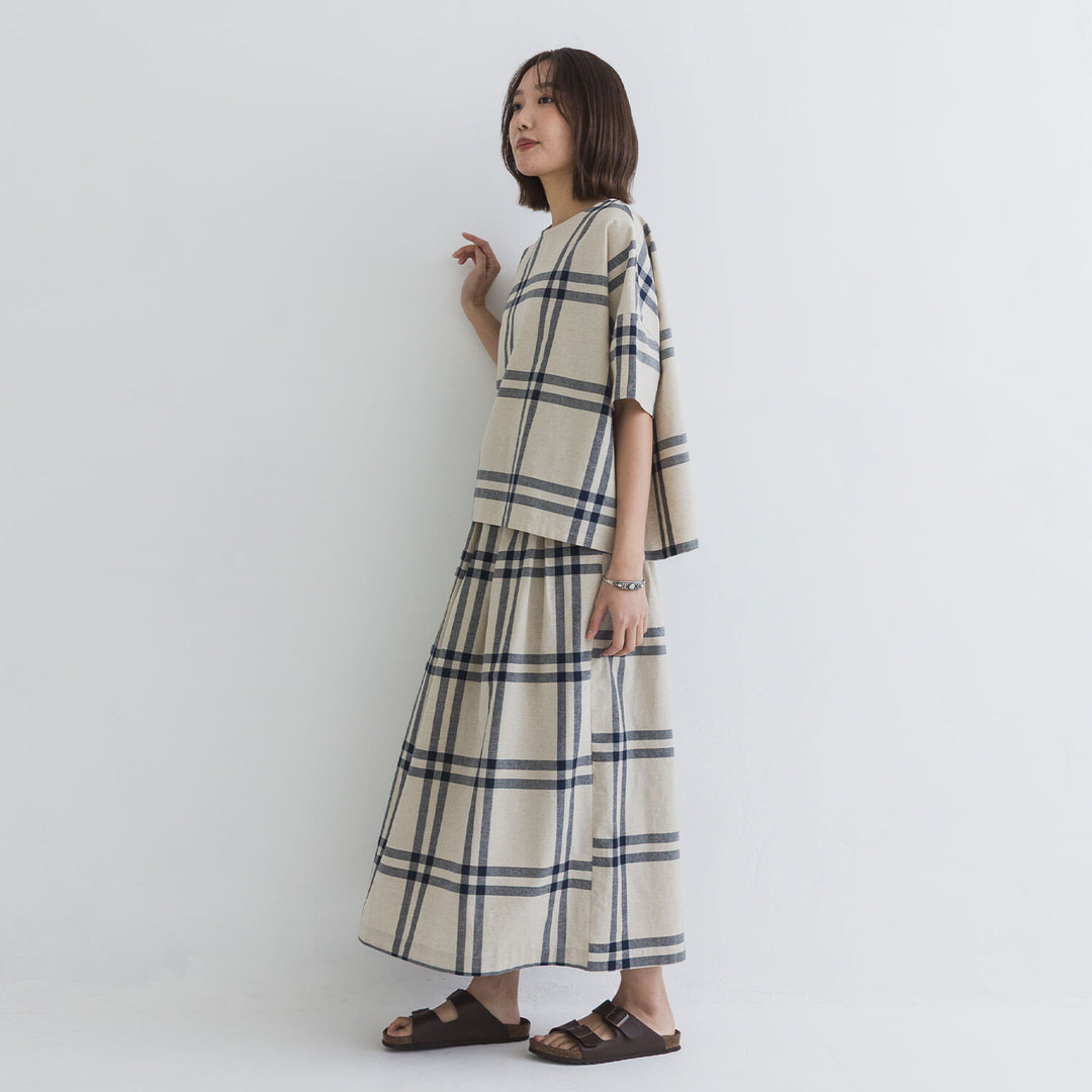 【kermu】棉麻格紋盒型寬版上衣 Japan E-Shop