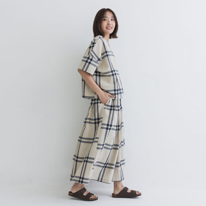 【kermu】棉麻格紋盒型寬版上衣 Japan E-Shop