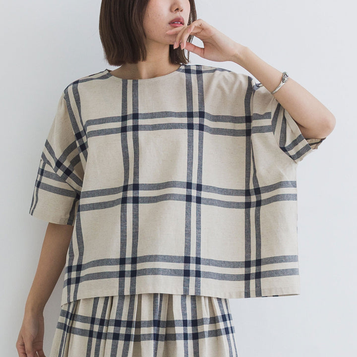 【kermu】棉麻格紋盒型寬版上衣 Japan E-Shop