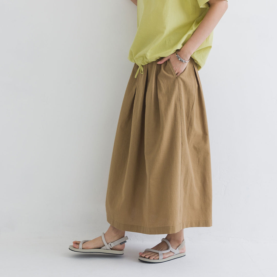 【kermu】棉麻格紋鬆緊腰打褶長裙 Japan E-Shop