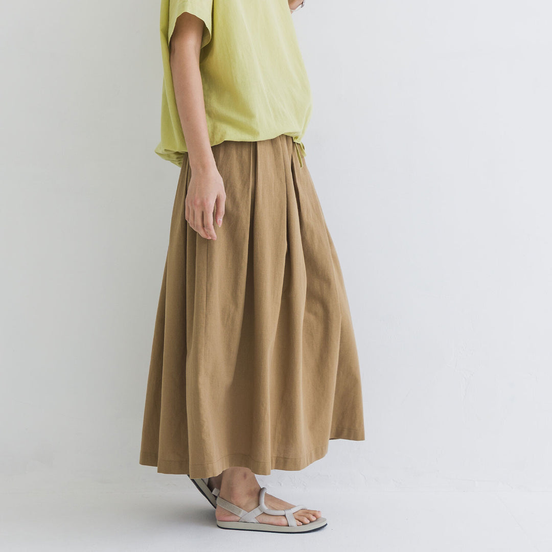 【kermu】棉麻格紋鬆緊腰打褶長裙 Japan E-Shop