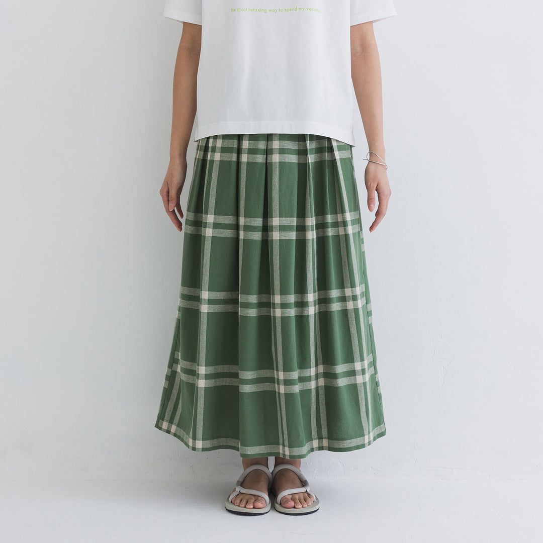 【kermu】棉麻格紋鬆緊腰打褶長裙 Japan E-Shop