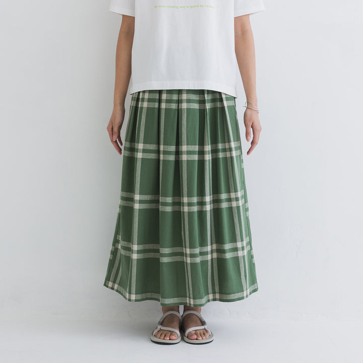 【kermu】棉麻格紋鬆緊腰打褶長裙 Japan E-Shop