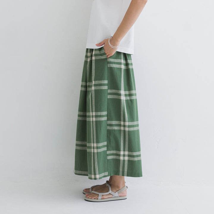 【kermu】棉麻格紋鬆緊腰打褶長裙 Japan E-Shop