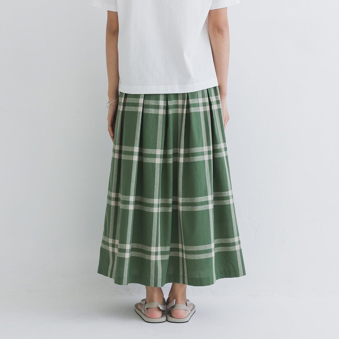 【kermu】棉麻格紋鬆緊腰打褶長裙 Japan E-Shop
