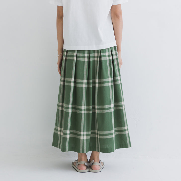 【kermu】棉麻格紋鬆緊腰打褶長裙 Japan E-Shop