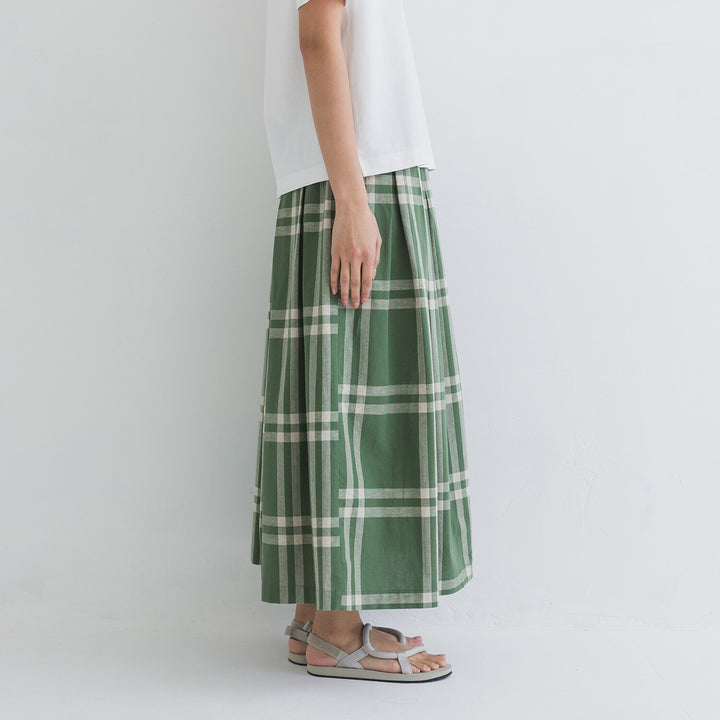 【kermu】棉麻格紋鬆緊腰打褶長裙 Japan E-Shop