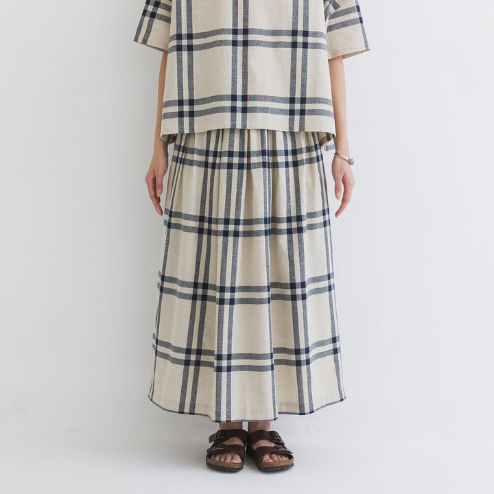 【kermu】棉麻格紋鬆緊腰打褶長裙 Japan E-Shop