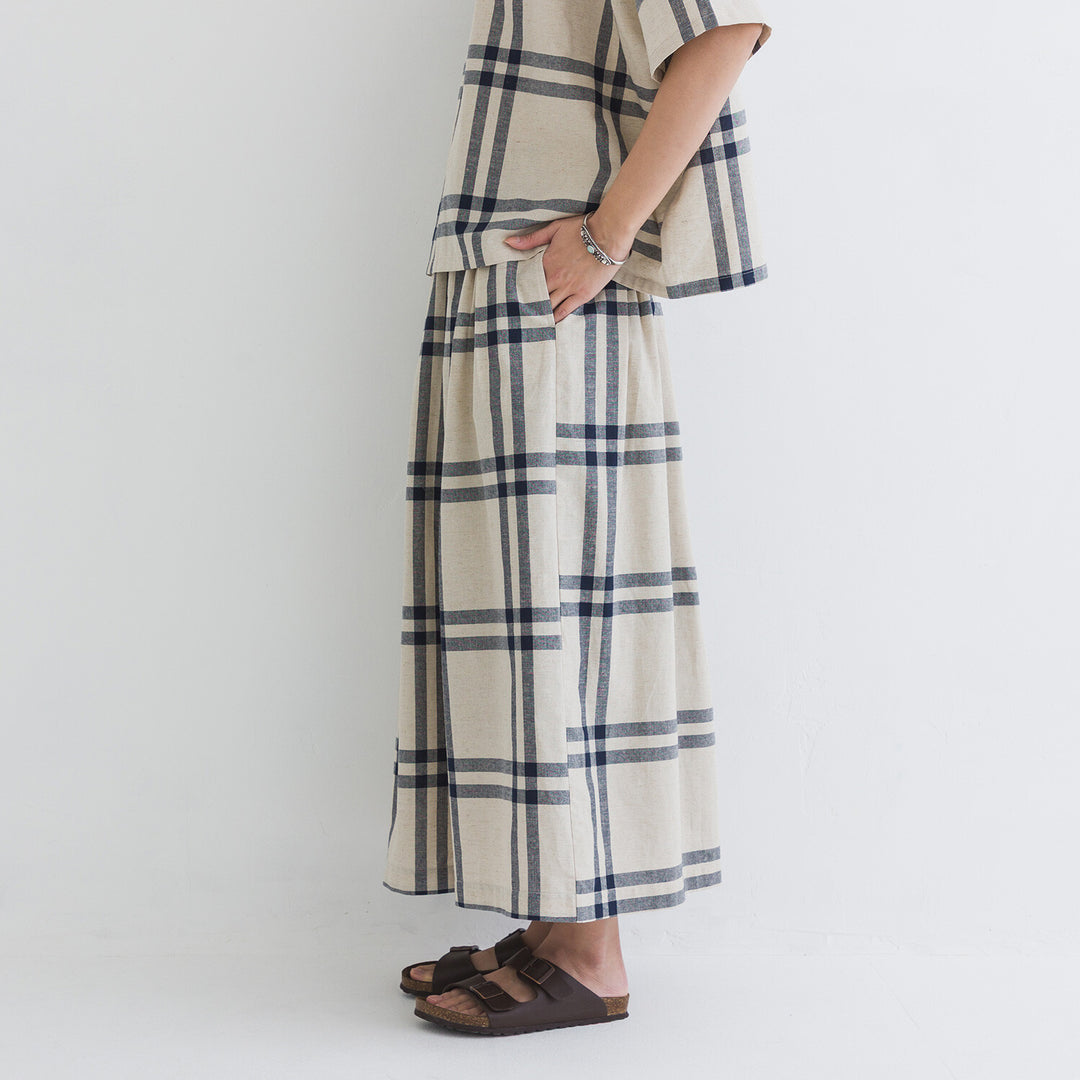 【kermu】棉麻格紋鬆緊腰打褶長裙 Japan E-Shop