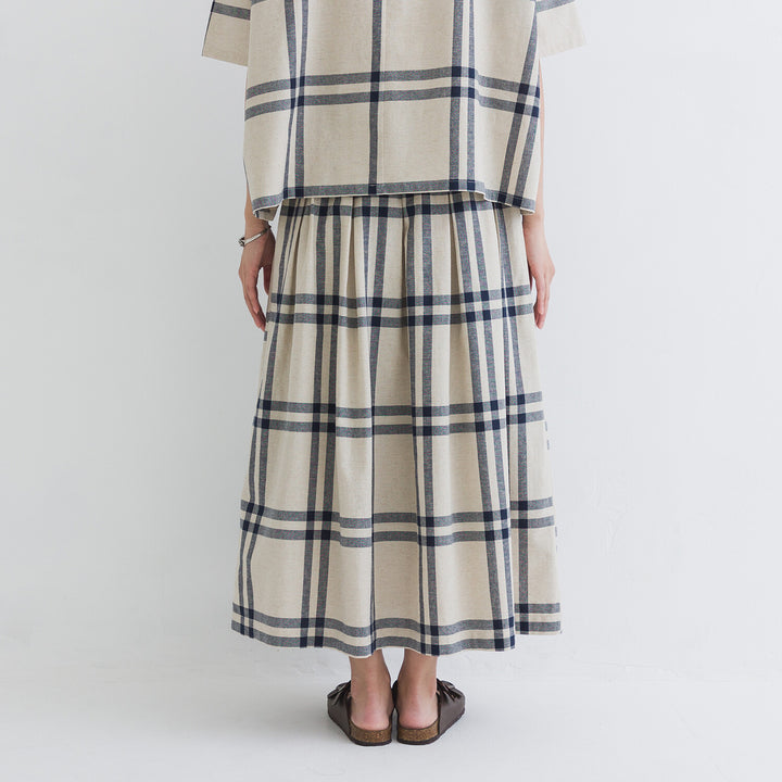 【kermu】棉麻格紋鬆緊腰打褶長裙 Japan E-Shop