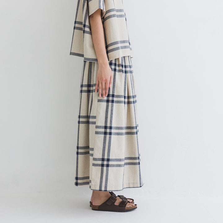 【kermu】棉麻格紋鬆緊腰打褶長裙 Japan E-Shop