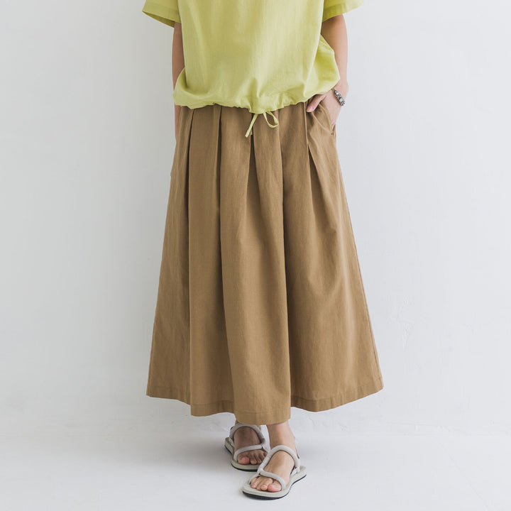 【kermu】棉麻格紋鬆緊腰打褶長裙 Japan E-Shop