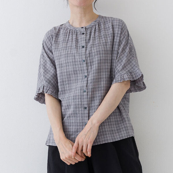 【crea delice】棉混人造絲暗格紋荷葉袖上衣 Japan E-Shop