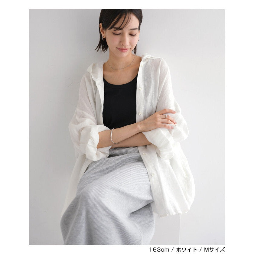 【evernavy】100%亞麻連帽長版襯衫 寬鬆防曬冷氣外搭 Japan E-Shop