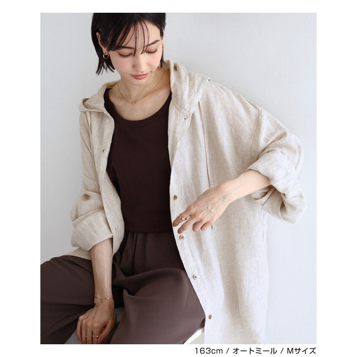 【evernavy】100%亞麻連帽長版襯衫 寬鬆防曬冷氣外搭 Japan E-Shop