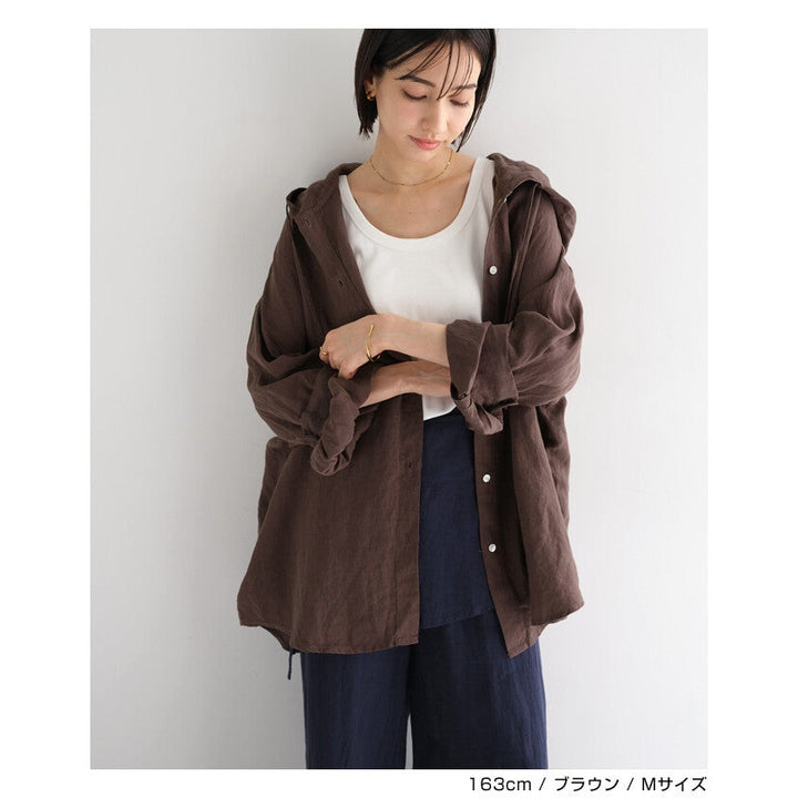 【evernavy】100%亞麻連帽長版襯衫 寬鬆防曬冷氣外搭 Japan E-Shop