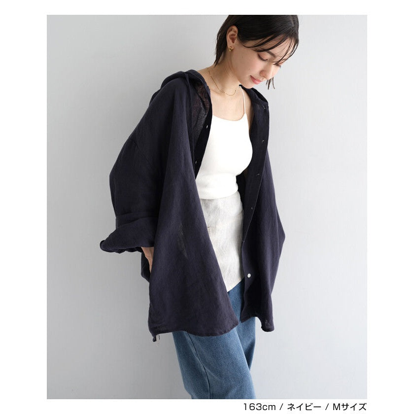 【evernavy】100%亞麻連帽長版襯衫 寬鬆防曬冷氣外搭 Japan E-Shop